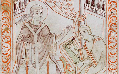 le pape gregoire i dictant les chants gregoriens une colombe sur son epaule representant linspiration divine antiphonaire de st gall 0